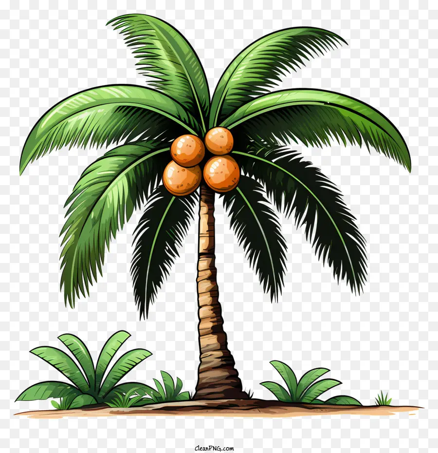Kokospalme - Kokosnussbaum mit Kokosnüssen im grünen Feld