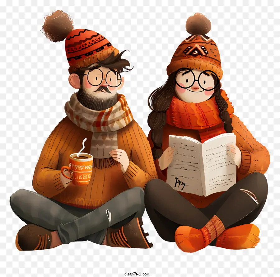 Kaffee - Paar in warme Kleidung entspannen Sie sich mit Kaffee und Buch