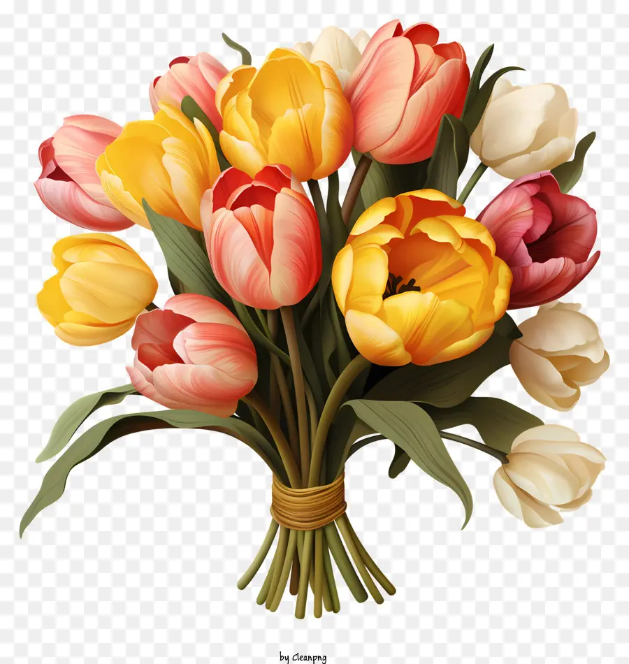 Tulipani disegnati a mano Tulipani bouquet tulipani rosa bouquet tulipani gialli - Bouquet di tulipani su sfondo nero, vibrante