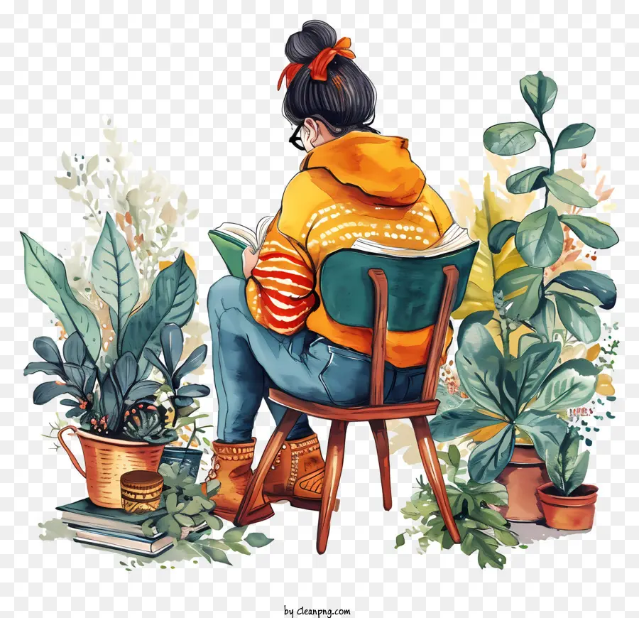 bequemer Tag Stuhl Reading Buch Topfpflanzen - Person, die Buch im Orangenpullover liest; 
Topfpflanzen