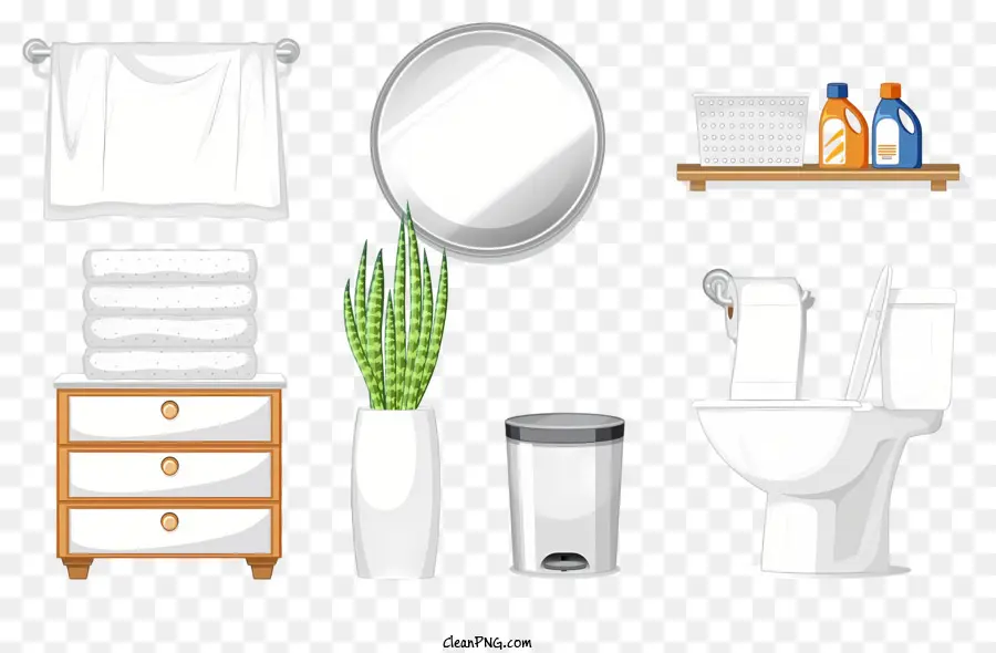 Bad Bad Design weiße Handtücher Spiegel Dekor Toilettenzubehör - Weißes Badezimmer mit Handtüchern, Spiegel, Toilette, Schrank, Pflanze