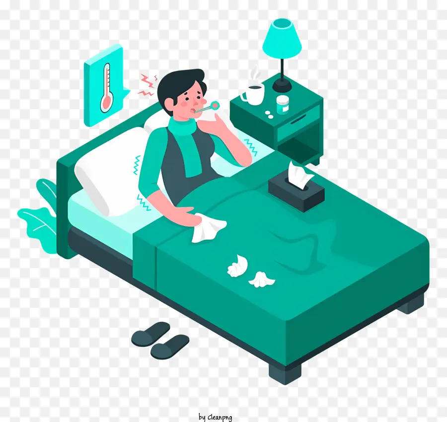 Cartoon Patient Krankerkrankheit kalt - Person im Bett mit Kaffee, Thermometer, Gewebe