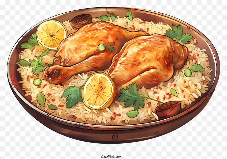 zitronenscheibe - Nahaufnahme Bild von perfekt gewürztem Hühnchen und Reis