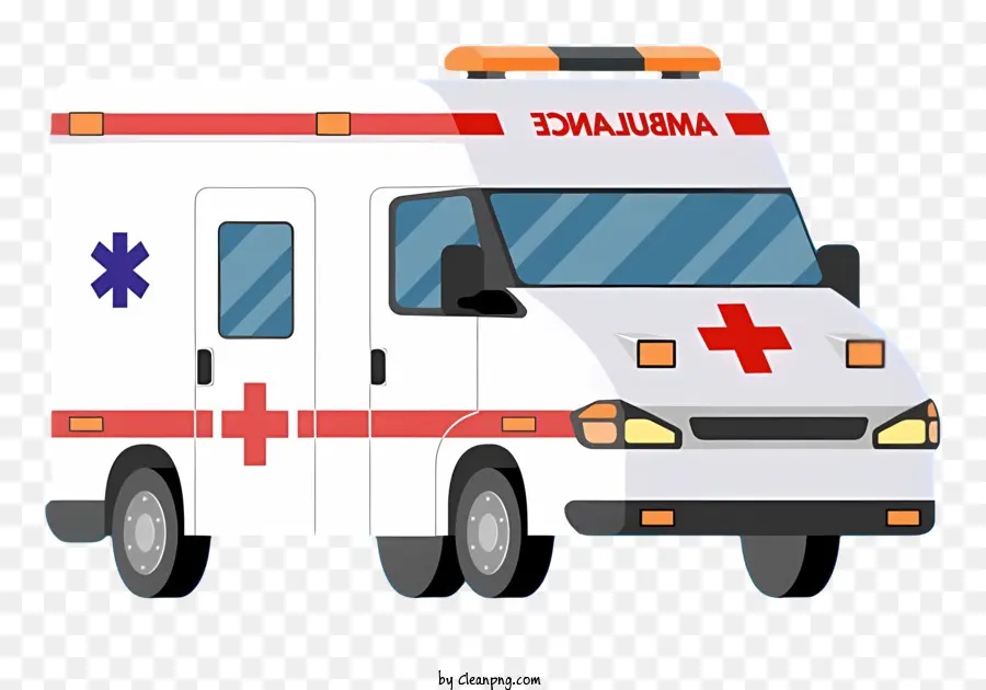 Cartoon Ambulance Auto Ambulance Emergenza Veicolo di trasporto di pazienti FORNITURE MEDICHE - Ambulanza bianca con luci lampeggianti e paziente