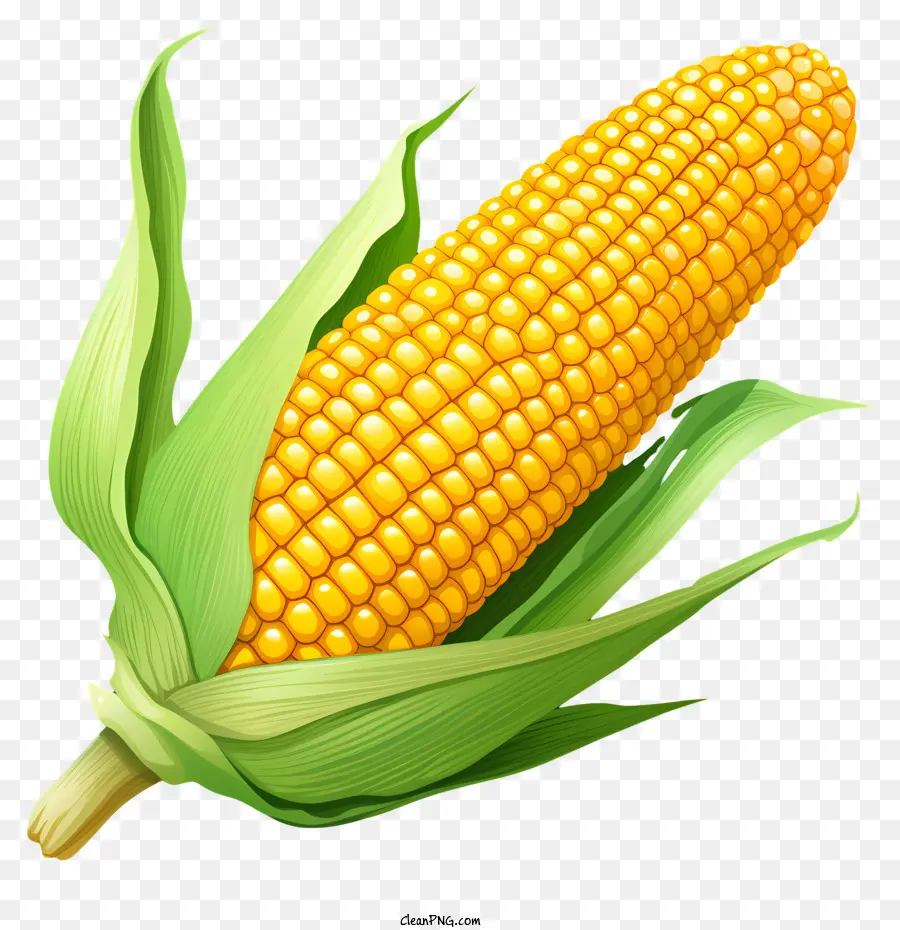 Handgezogener Mais Mais auf den Cob -Grundnahrungsmitteln gelb Maisgrüne Blätter - Mais auf COB: Gelb, grün, braun, schwarzer Hintergrund