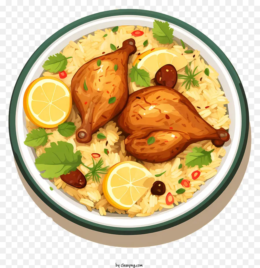 zitronenscheibe - Darstellung von Hühnchen und Reis auf dem Teller