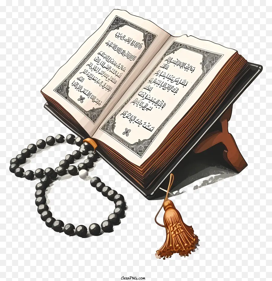 Bàn tay vẽ sách Thánh của Koran và những hạt cầu nguyện Book Holy Book Blue Cover Wood Surface Gold Chữ - Mở cuốn sách thánh với bìa màu xanh và đồ trang trí