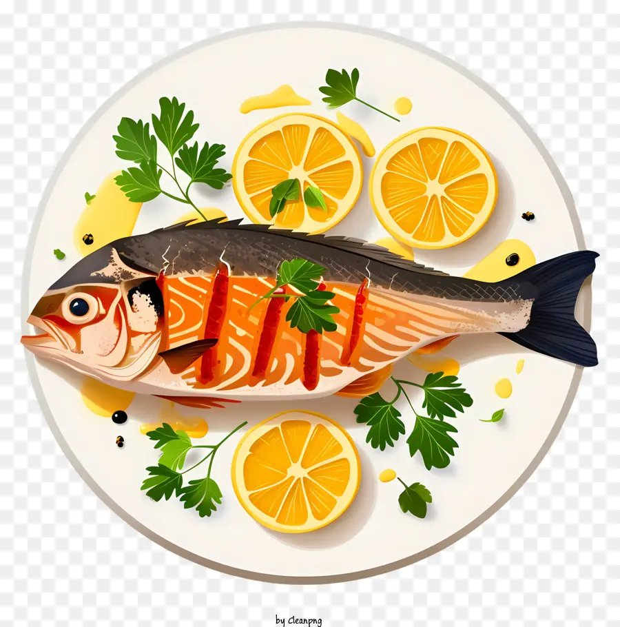 Illustrazione vettoriale piatta minimalizzata Piatto di pesce piatto di pesce fette di prezzemolo per prezzemolo - Pesce con fette di limone e prezzemolo sul piatto
