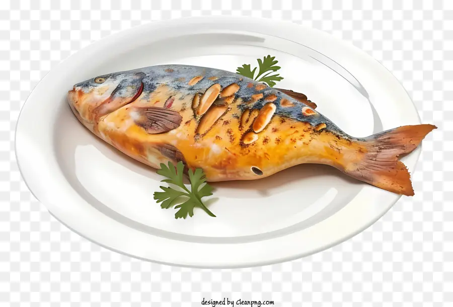 Piatto 3D realistico Pesce cotto di pesce ben fatto ricetta di pesce pesce pesce croccante - Pesce cotto con croccante pelle marrone dorata
