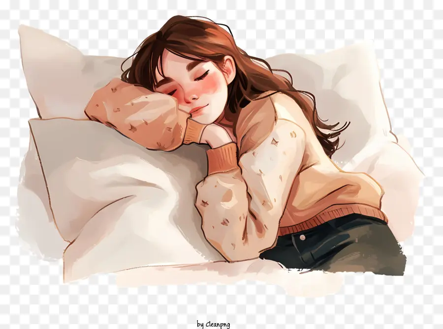 Bequeme Tagesschlaf -Bett -Frau Nachtwäsche - Schlafende Frau im Cartoon -Stil mit lockigen Haaren