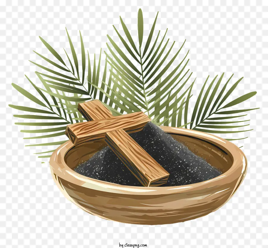 Ash Thứ - Bát cát đen với cây thánh giá bằng gỗ; 
cây cọ, hoàng hôn