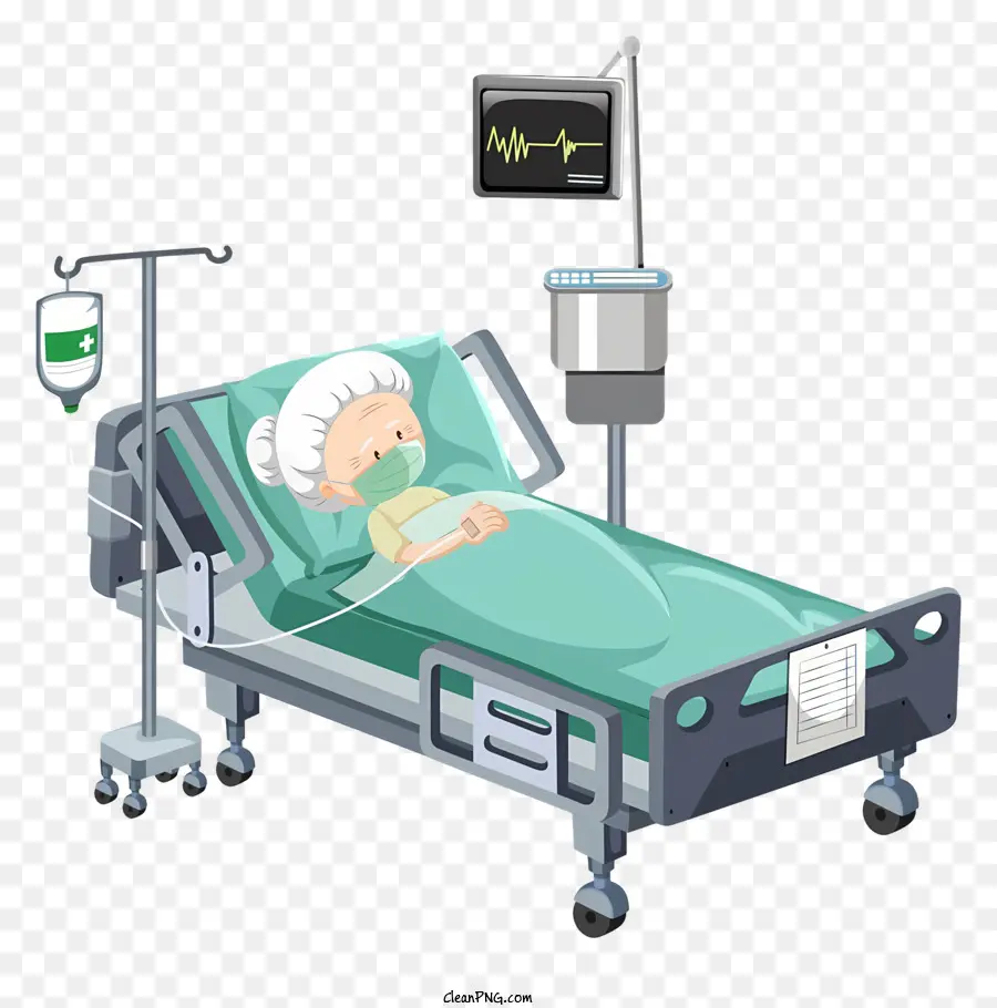 Cartoon Patient Hospital Letto IV Monitoraggio della linea VITAL SEGNI - Paziente a letto che riceve cure mediche in ospedale
