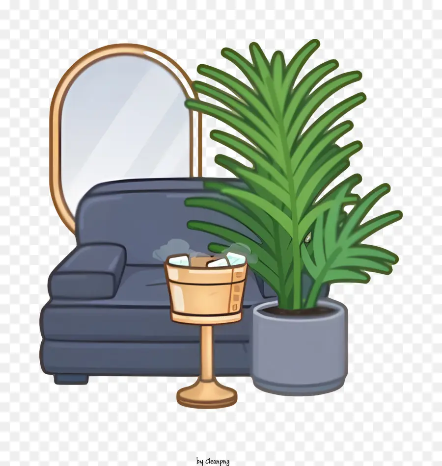 Toca -Elemente Couch Topf Pflanzenspiegel Blau Couch - Blaue Couch mit Topfpflanze und Spiegel