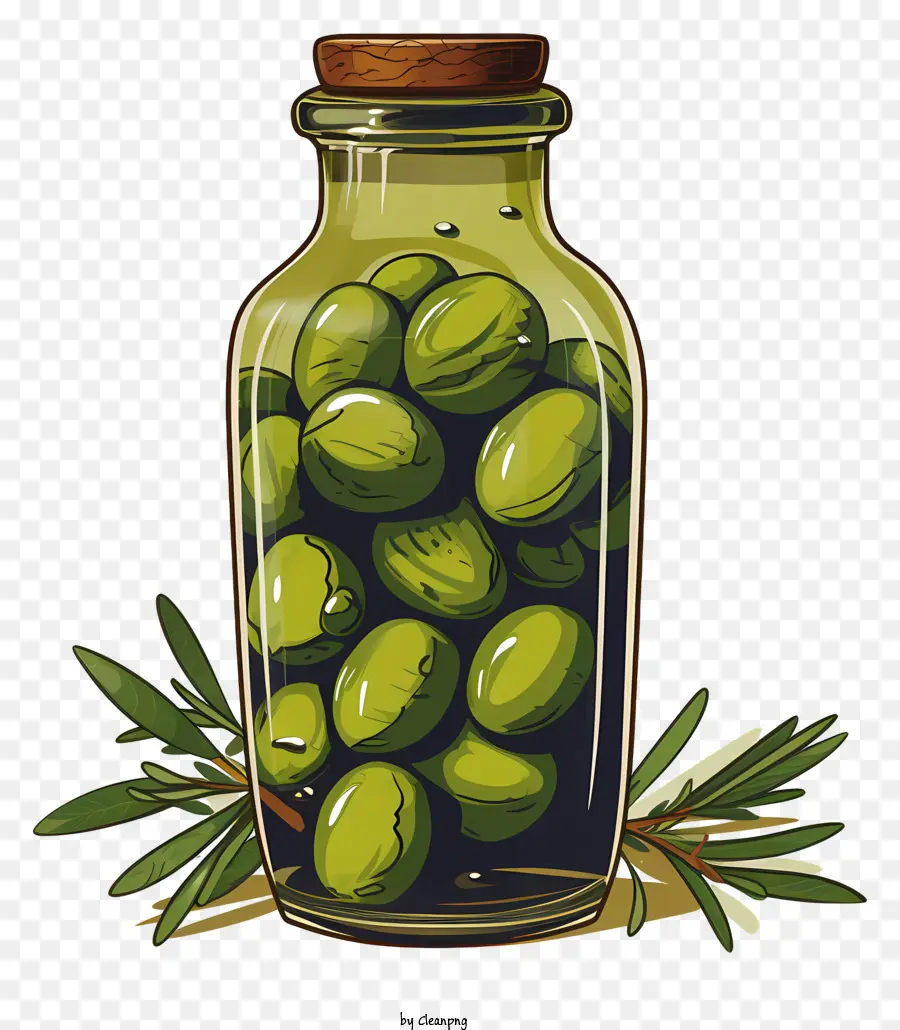 verde foglia - Immagine in stile cartone animato di olive verdi in barattolo