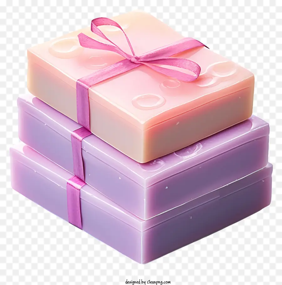 Pastellseife Bar Geschenk präsentiert Geburtstagswickeln - Gestapelte Kisten mit rosa, lila und weißem Band