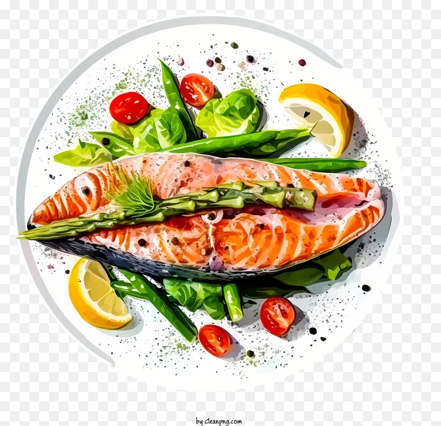 fish dish simplistic vector art salmon asparagus lemon slices freshly cooked