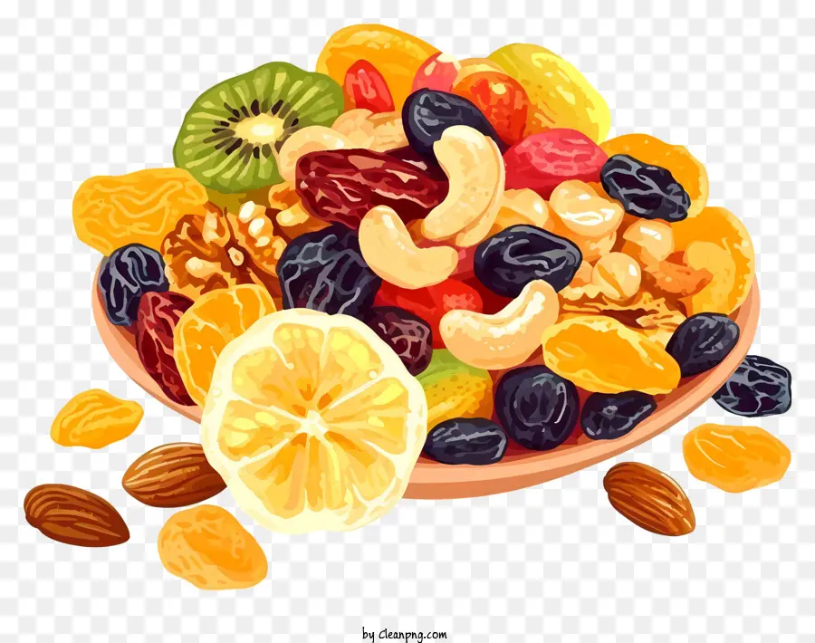 trái cây khô và các loại hạt trộn bát nghệ thuật vector đơn giản của trái cây nhiều trái cây táo chuối - Sự sắp xếp thông thường của trái cây với quả óc chó rải rác