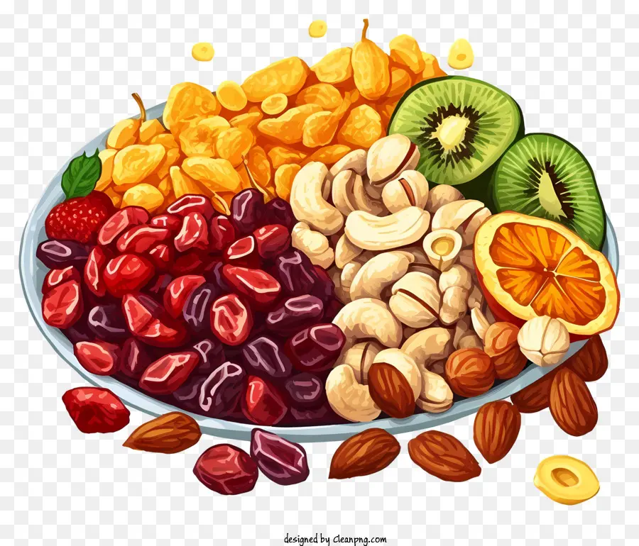 Cartoon getrocknete Früchte und Nüsse mischen gemischte Nüsse und Früchte Schüssel mit Nüssen und Früchten Mandel Rosinen - Farbenfrohe symmetrische Schüssel gemischter Früchte und Nüsse