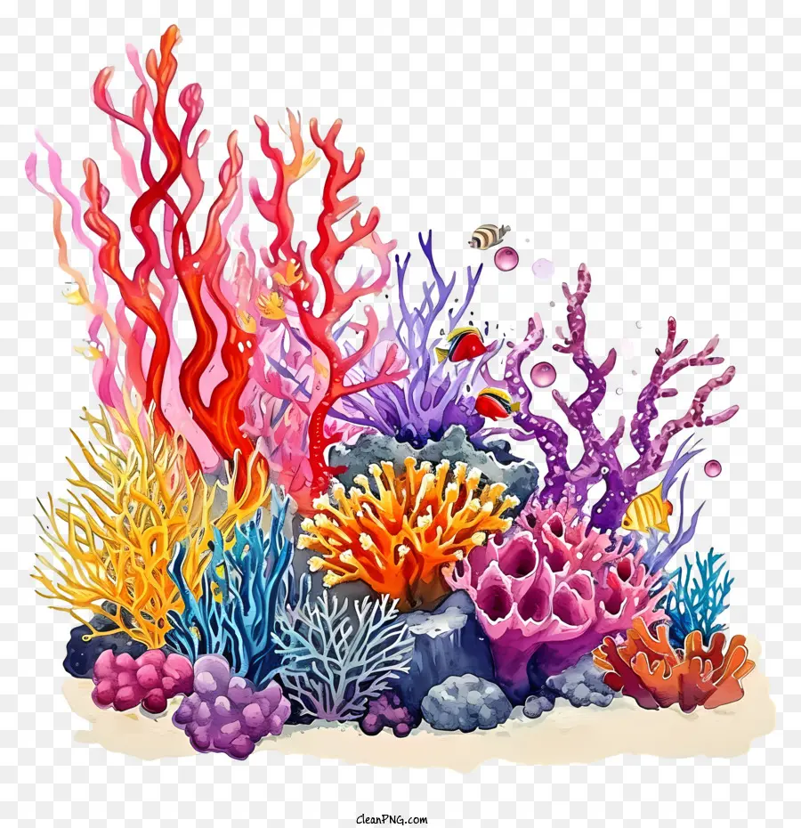 watercolor coral reef colorful underwater scene corals and aquatic plants dark stormy sky bright and vibrant colors
