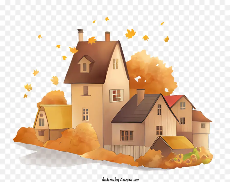 foglie di autunno - Illustrazione a tema autunno della casa del villaggio rurale