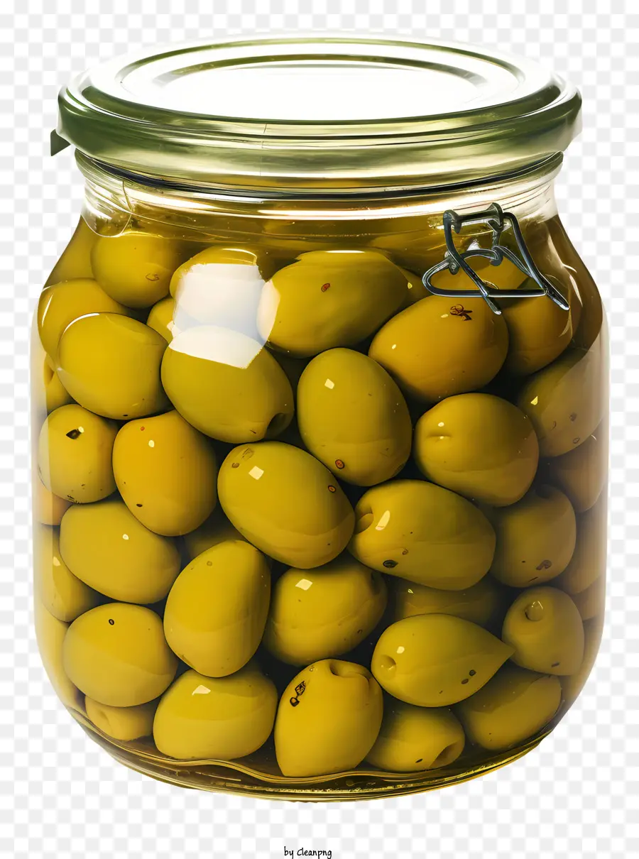 Olivenöl - Glasglas mit willkürlich arrangierten grünen Oliven gefüllt