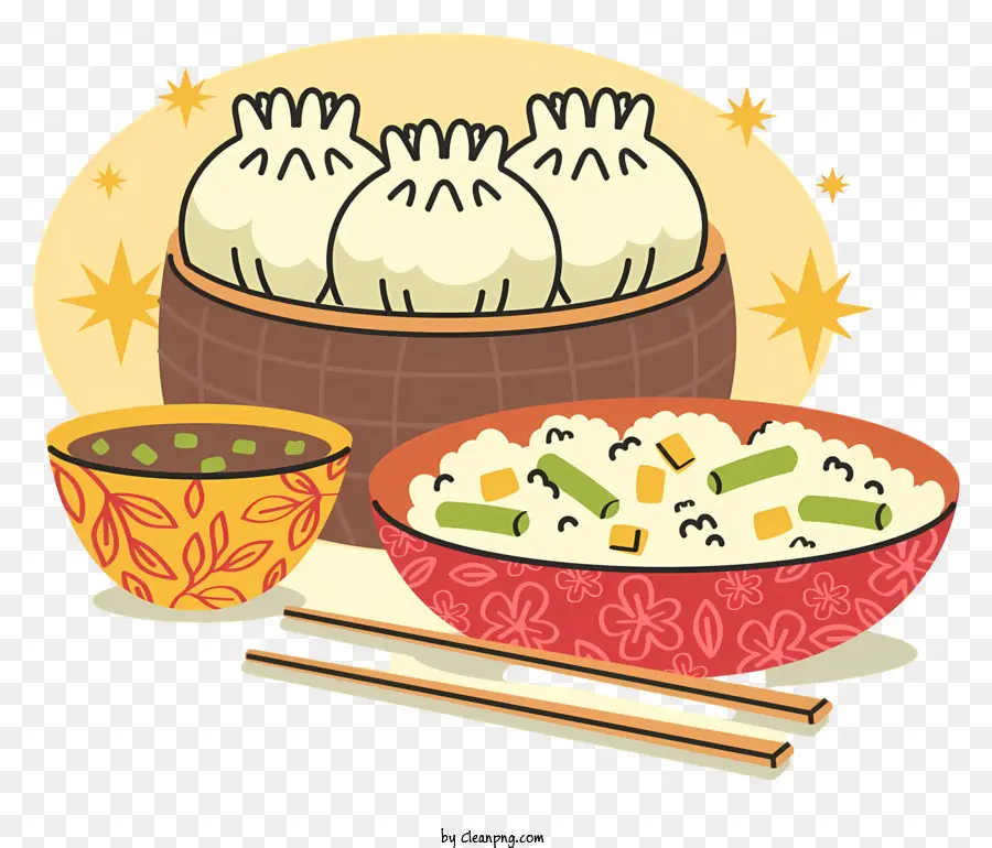 chinesisches Essen - Gebratener Reis auf Schüssel und Teller, symmetrisch