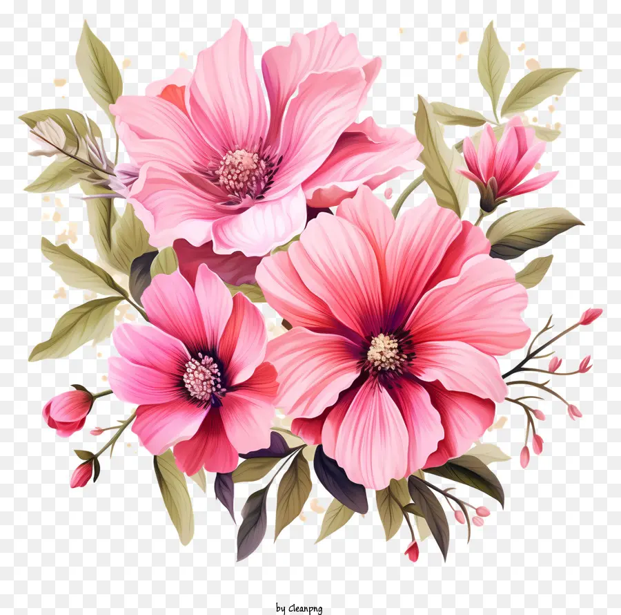 Fioto rosa disegnato a mano e fiori bianchi bouquet a forma rotonda sfondo nero - Bouquet floreale rotondo rosa e bianco su sfondo nero