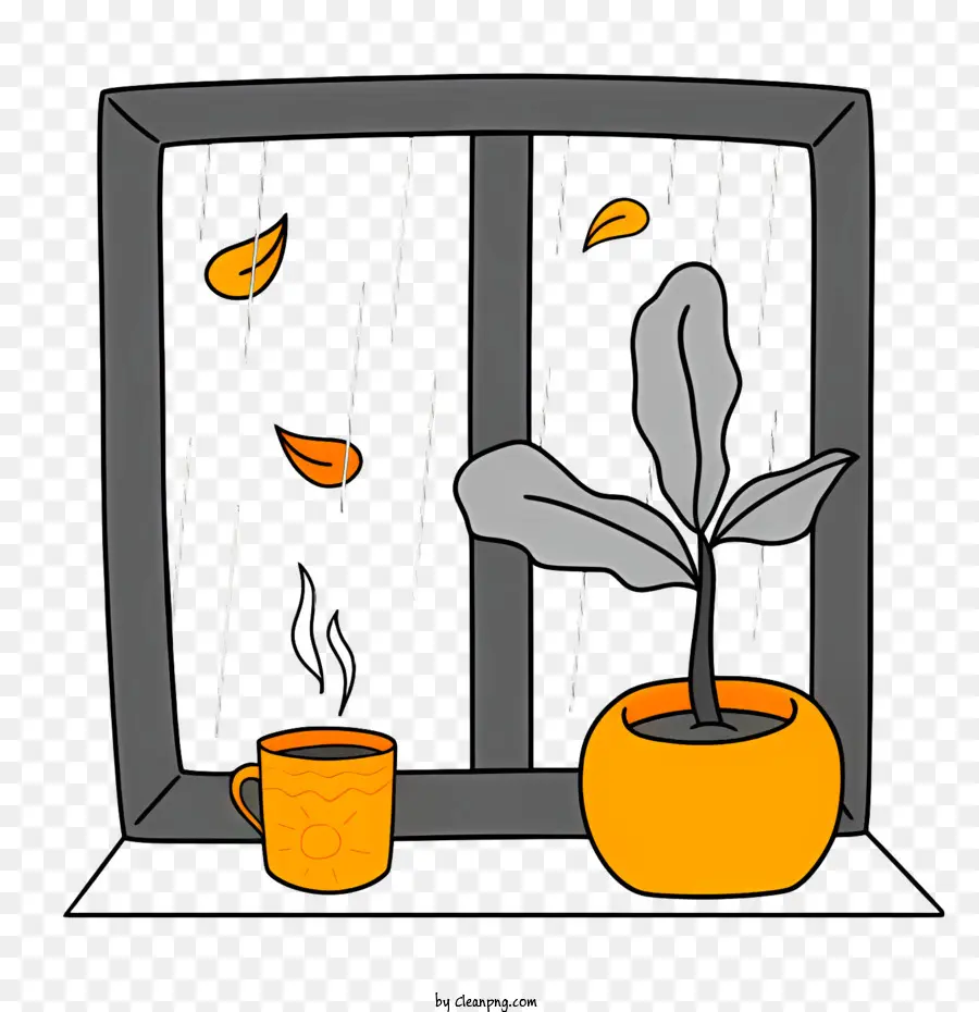 Kaffeetasse - Kaffeetasse, Steckdoptionpflanze auf Fensterbank mit regnerischer Aussicht