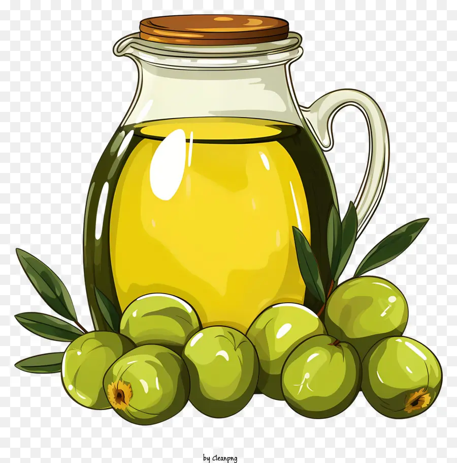 olio di oliva - Bottiglia di vetro riempita con olio d'oliva dorato e olive verdi fresche su sfondo nero