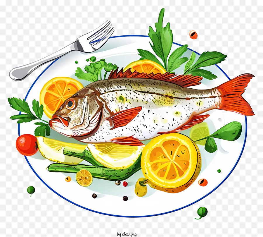 PSD 3D -Fischschale 3D Rendering Fischfiletplatte und Messer - Realistisches Bild von gekochtem Fischfilet mit Gemüse