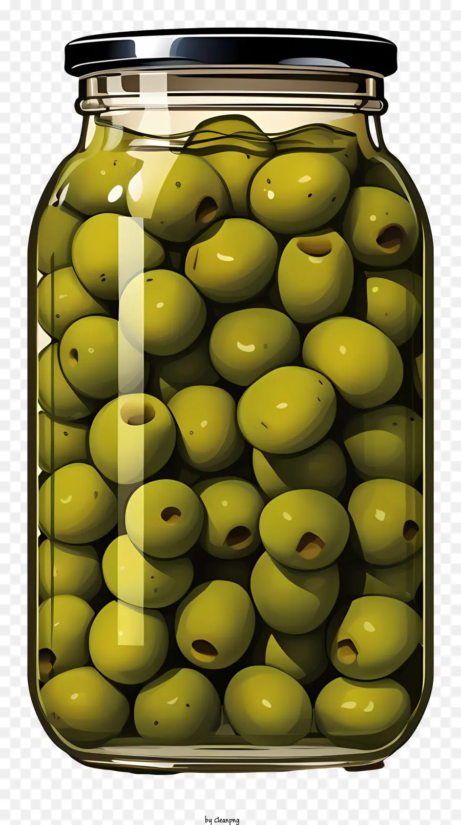 Handgezogene grüne Oliven im Glas Grüne Oliven Glasglas Stapel Oliven Dunkelgrünes Glas - Hochauflösendes Bild von grünen Oliven im Glas
