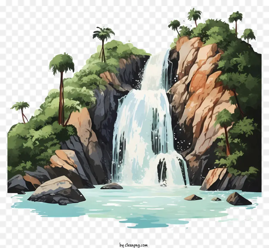 Palmen - Tropischer Wasserfall mit Palmen, Felsen und üppigem Grün