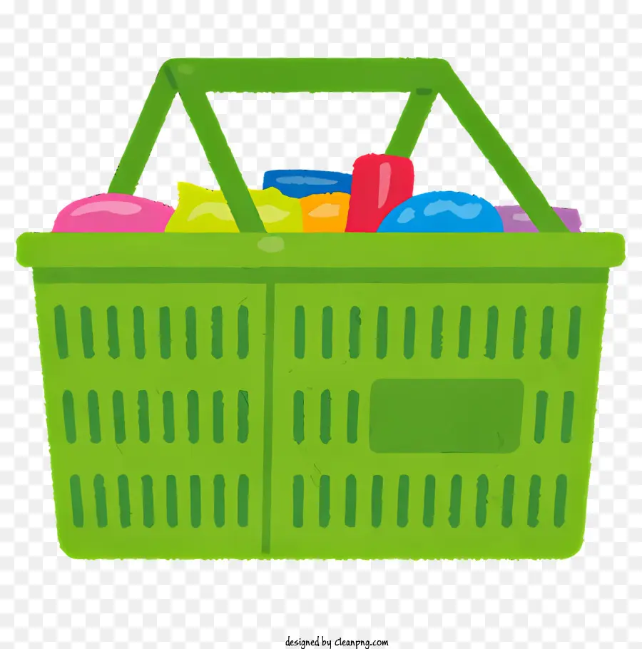 Biểu tượng màu xanh lá cây mua sắm trái cây và rau quả nhựa xử lý trên giỏ mua sắm - Giỏ nhựa màu xanh lá cây chứa đầy sản phẩm tươi