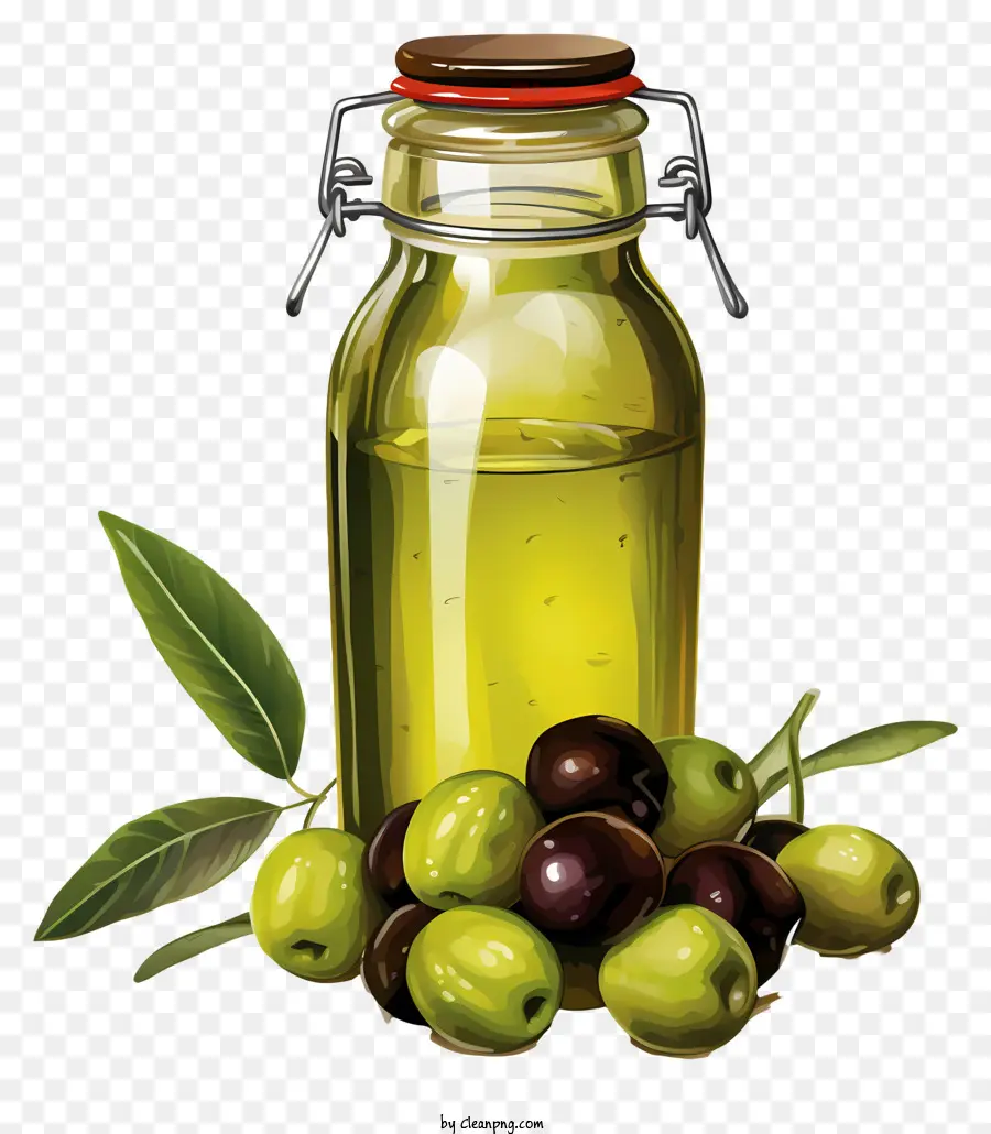 Handgezogene grüne Oliven in Glas Glasglas grüne Oliven schwarze Hintergrundblätter - Glas von grünen Oliven mit Blättern, bereit zu essen
