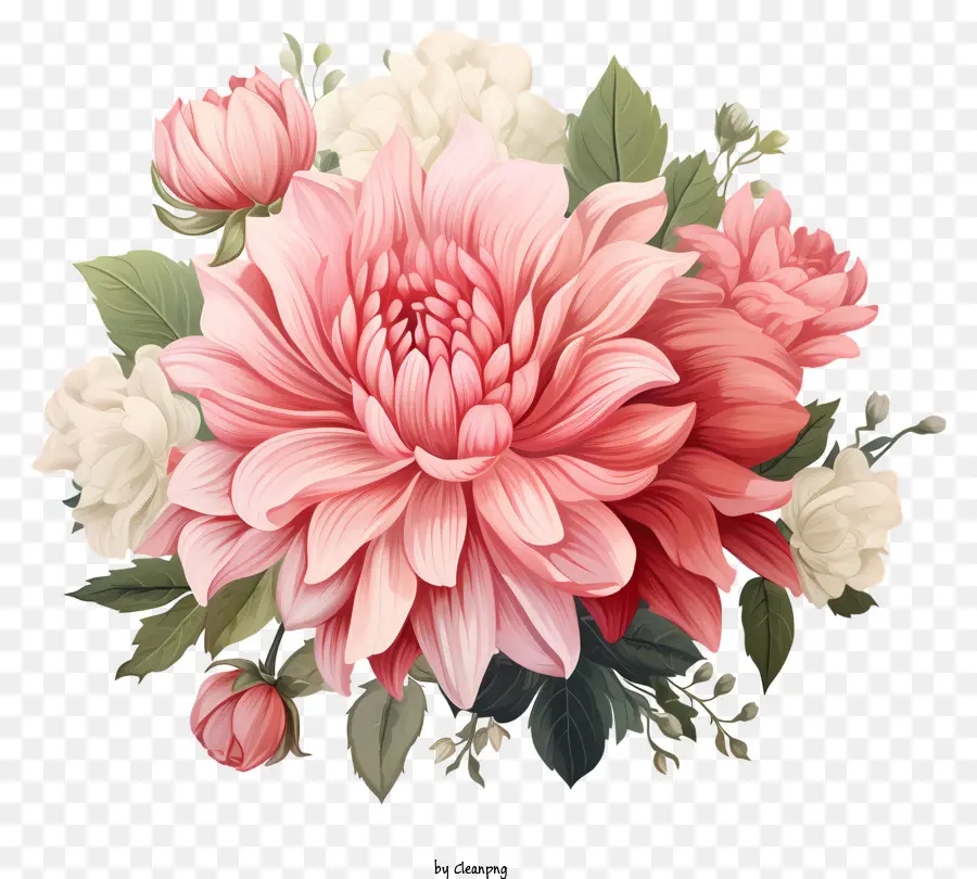 sketch style pink flower bouquet pink and white flowers black background roses