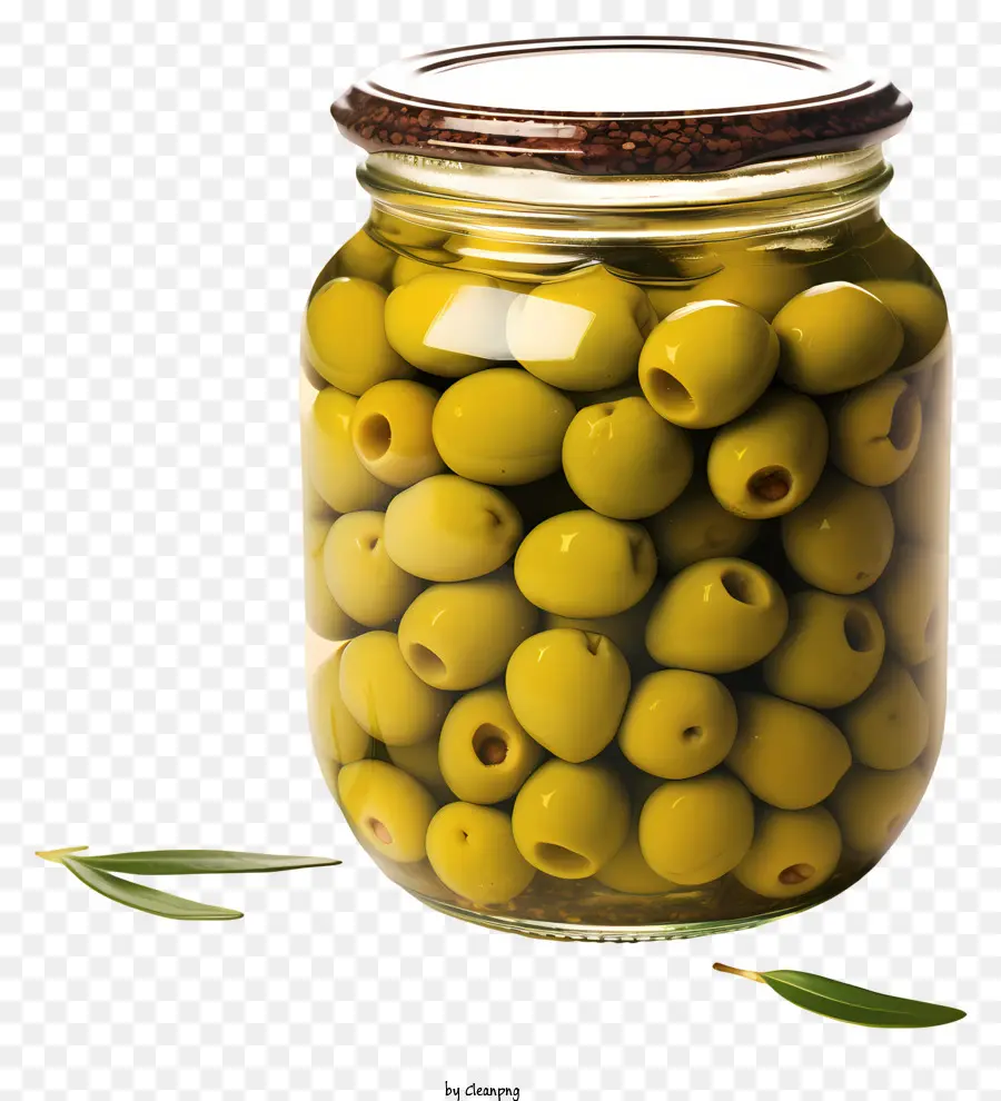 olive verdi in stile doodle in barattolo olive verdi in vetro barattolo foglie di oliva foglie di colore verde pungente - Olive verdi fresche in un grande barattolo di vetro