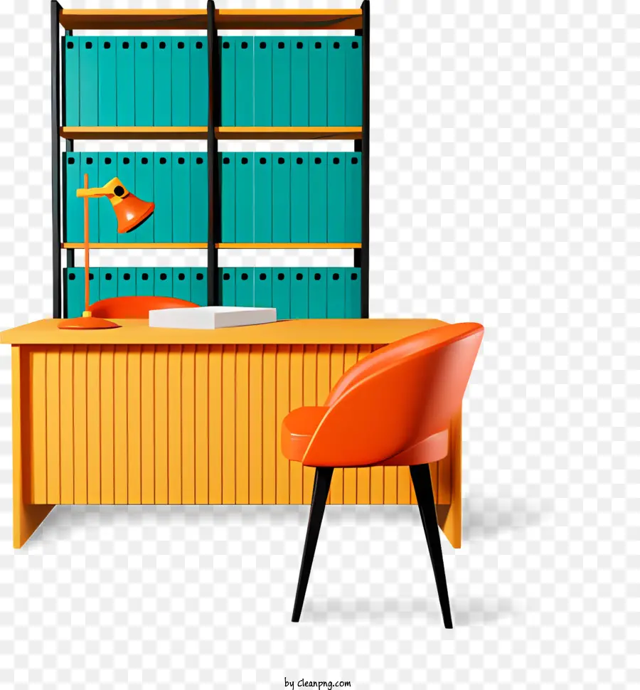 icon professional workspace well-organized desk orange chair aqua blue bookcase