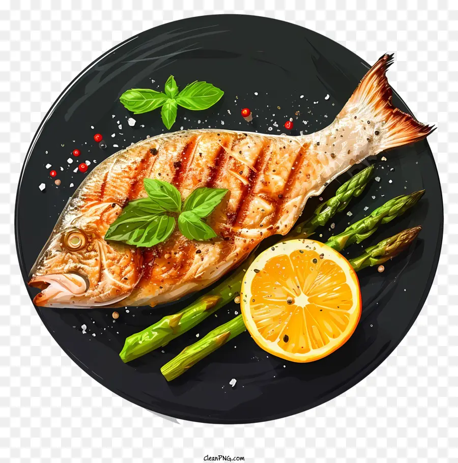 fish dish simplistic vector art cooked fish breadcrumbs asparagus lemon