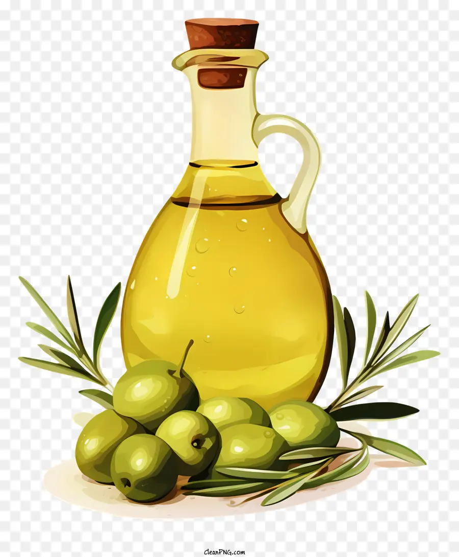 Dầu ô liu phẳng Chai dầu ô liu Tấm xanh ô liu xanh lá cây - Chai dầu ô liu với ô liu và hương thảo