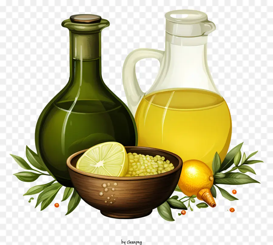 Dầu được vẽ bằng tay Olive Offer Virgin Olive Oil Lemon Spoon Black Nền - Hình ảnh thực tế của dầu ô liu với các thành phần