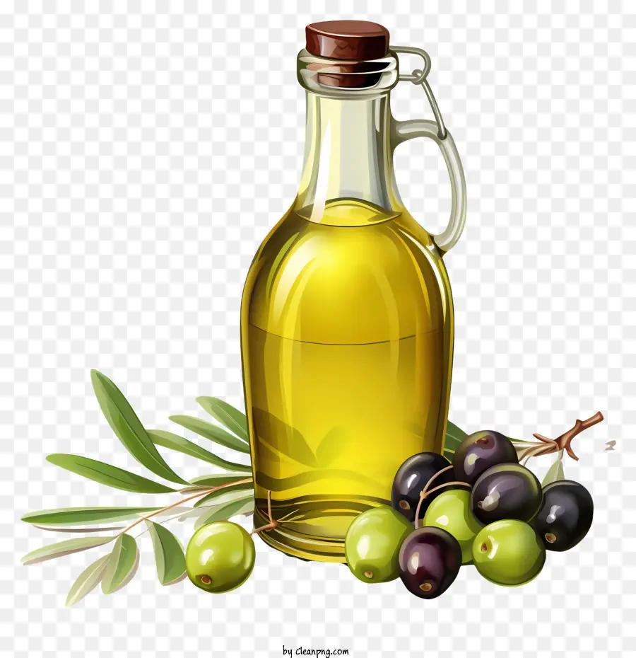 Olivenöl - Olivenölflasche mit Oliven und Blättern
