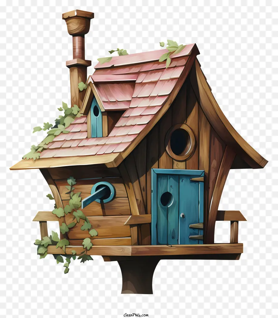 Aquarell Birdhouse Holz Vogelhaus Blaue Tür kleine Zimmer Reben - Holzvogelhaus mit offener blauer Tür, Weinreben, Wald