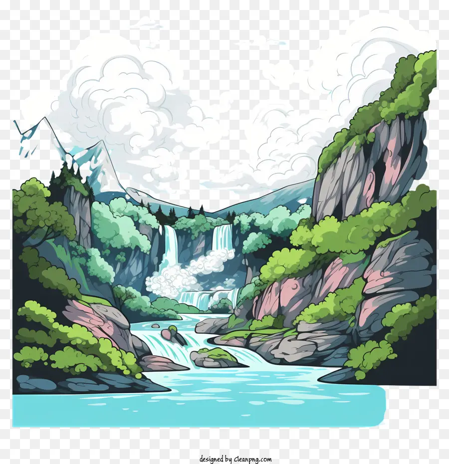 Wasserfall - Ruhiger Fluss mit Wasserfall und üppiger Umgebung