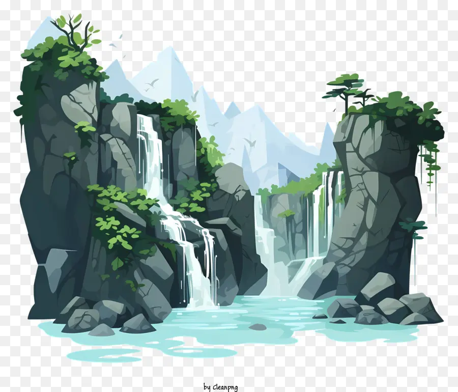 cascata - Lush Waterfall circondata da giungla e montagne