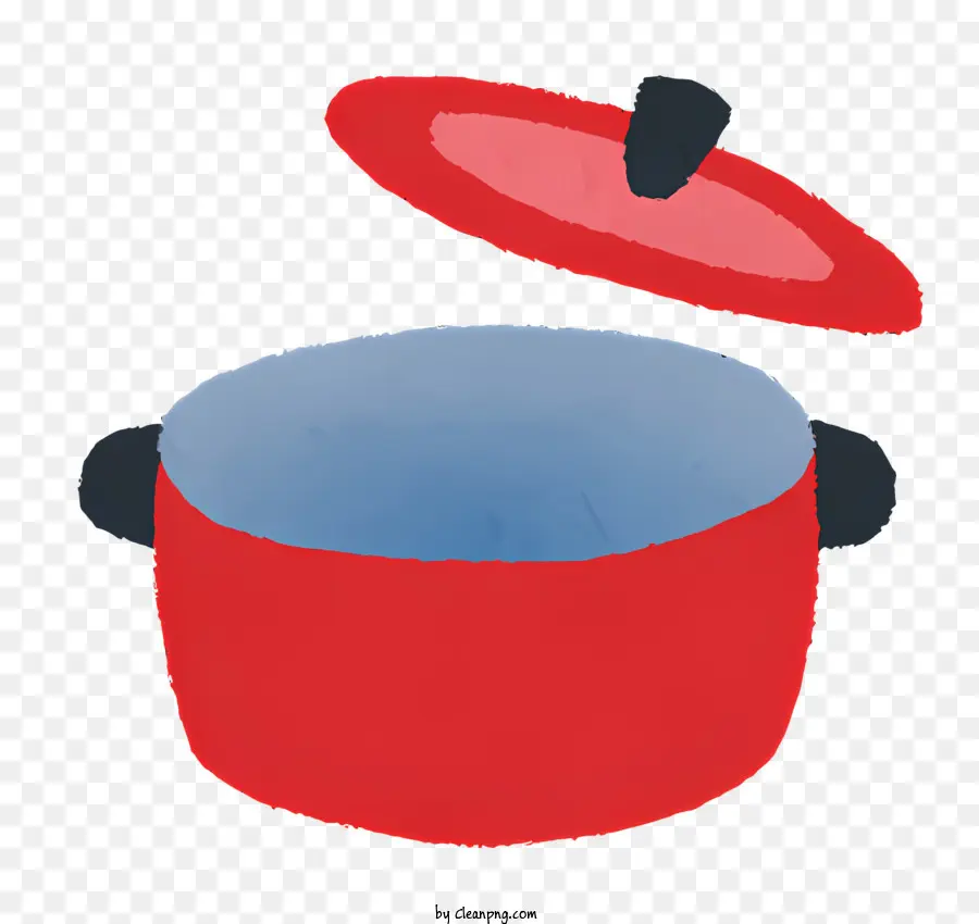 cooking red pot black handle blue lid curved shape