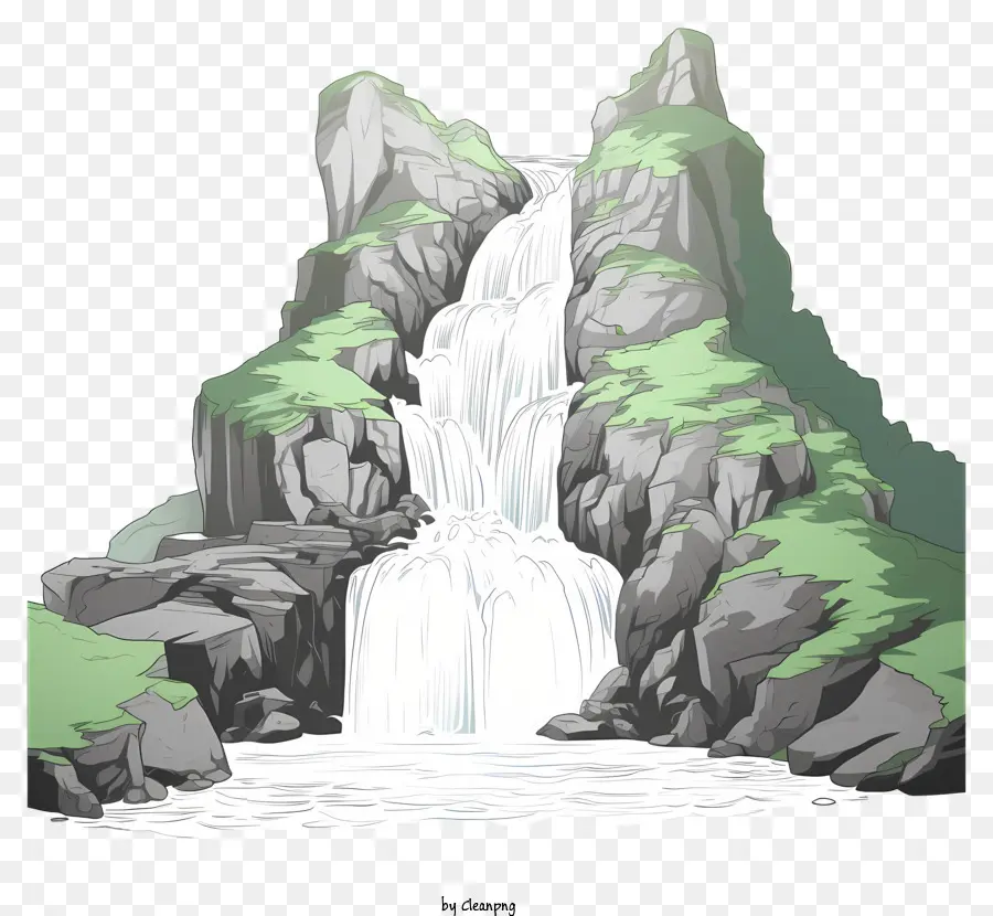 Wasserfall - Ein dunkles Bild zeigt einen nebligen Wasserfall im üppigen Tal