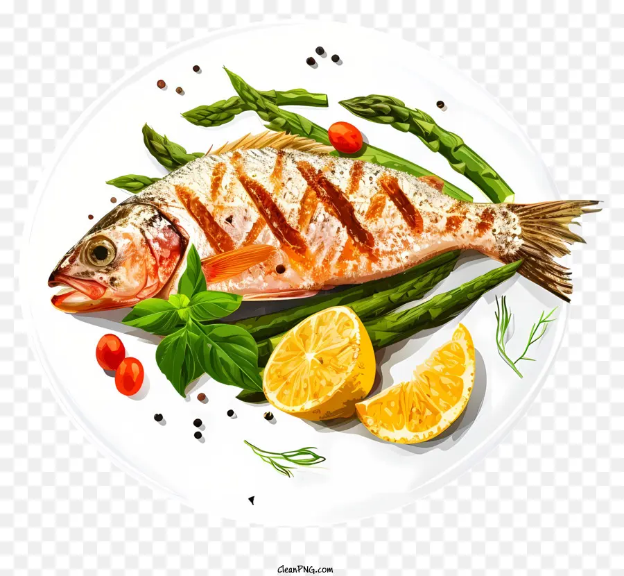 fish dish simplistic vector art cooked fish white plate lemon slices green beans