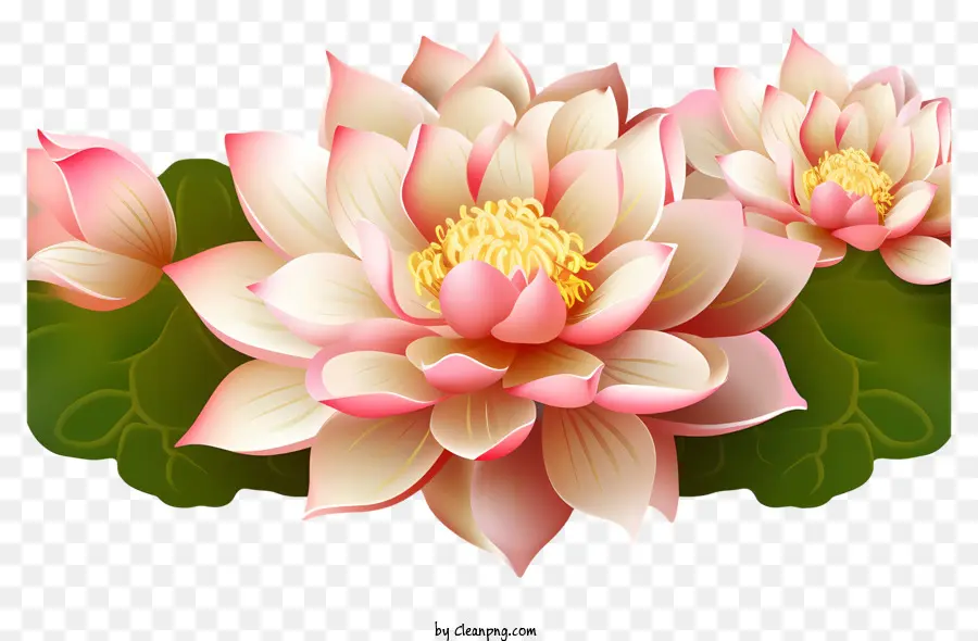 Fiori di loto rosa a fiore piatto Open Petali Open Cluster Disposition Aspetto traslucido - Fiori di loto rosa sullo sfondo dell'acqua nera