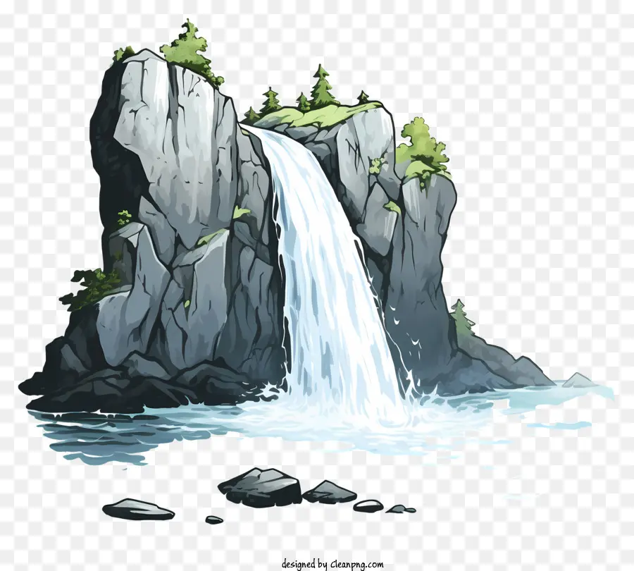 Cartoon -Wasserfall - Anime -Wasserfall im Wald mit felsiger Klippe
