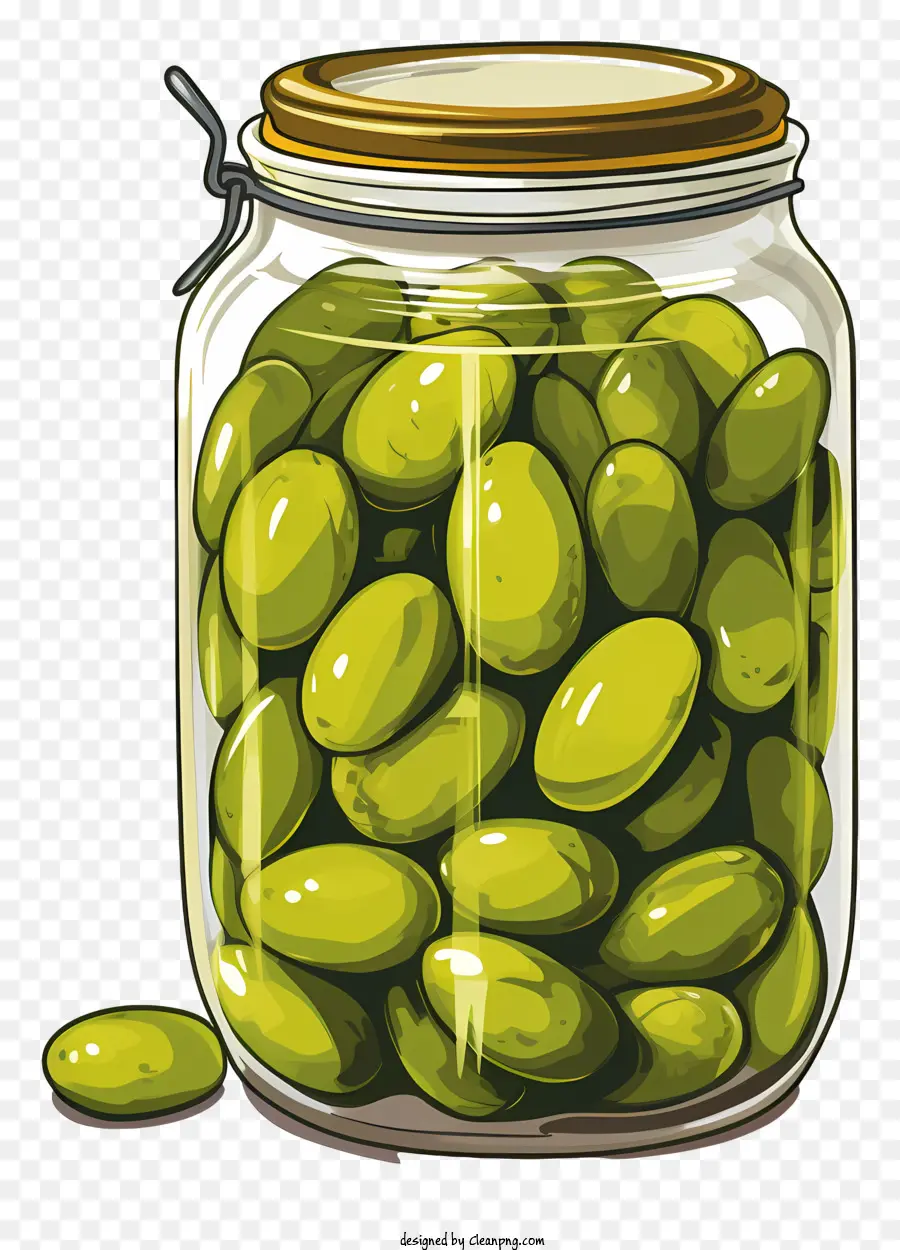 Handgezogene grüne Oliven in Glasglasglas grün Oliven Musterreflexion - Gemustertes Glas mit frischen grünen Oliven gefüllt